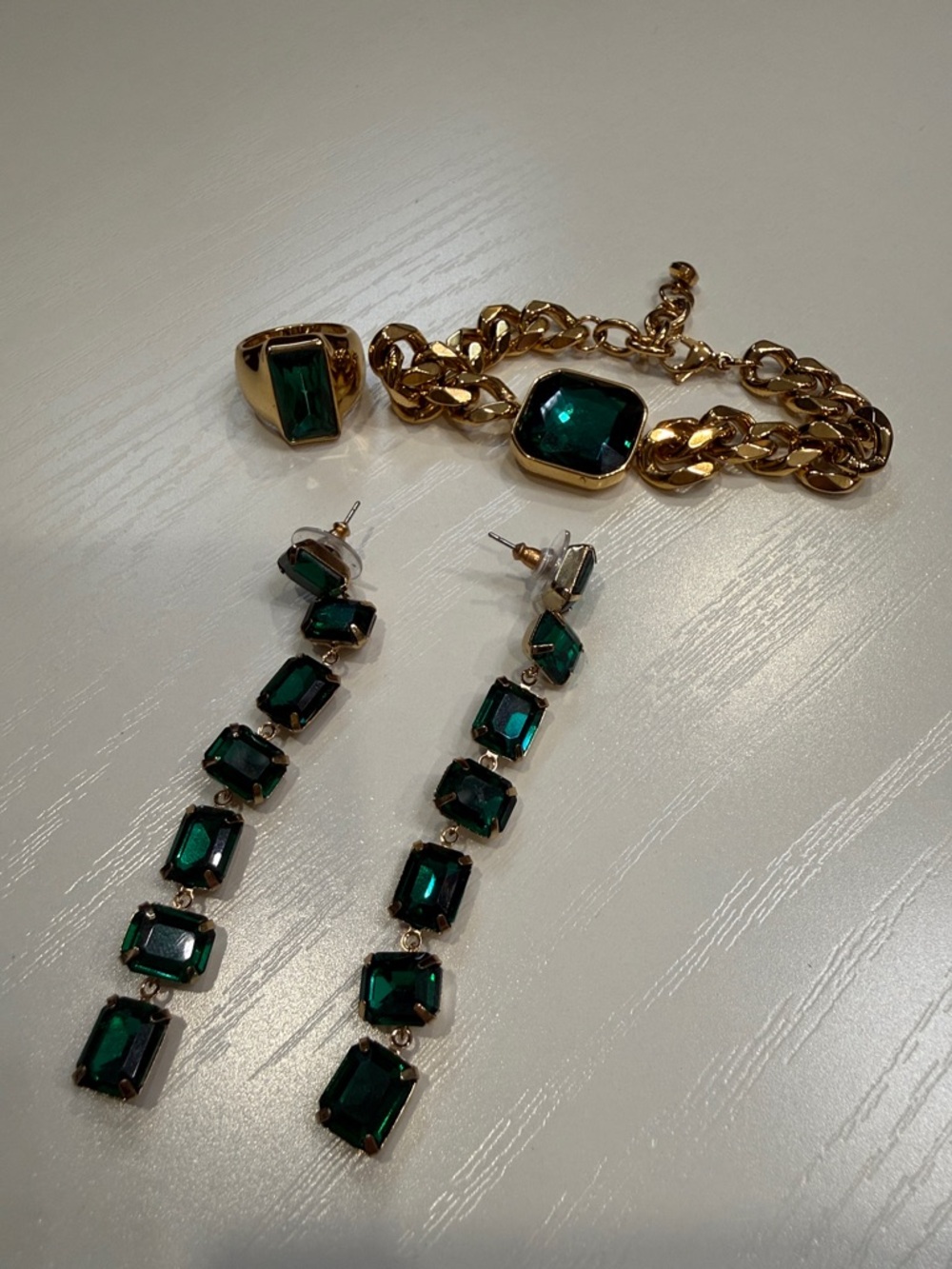 Gold-Tone Bracelet, Ring & Emerald Green Crystal Drop Earrings Set